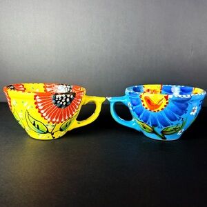 Set of 2 Hand Painted Mexican Clay Mugs Floral Folk Art Pottery Colorful Signed